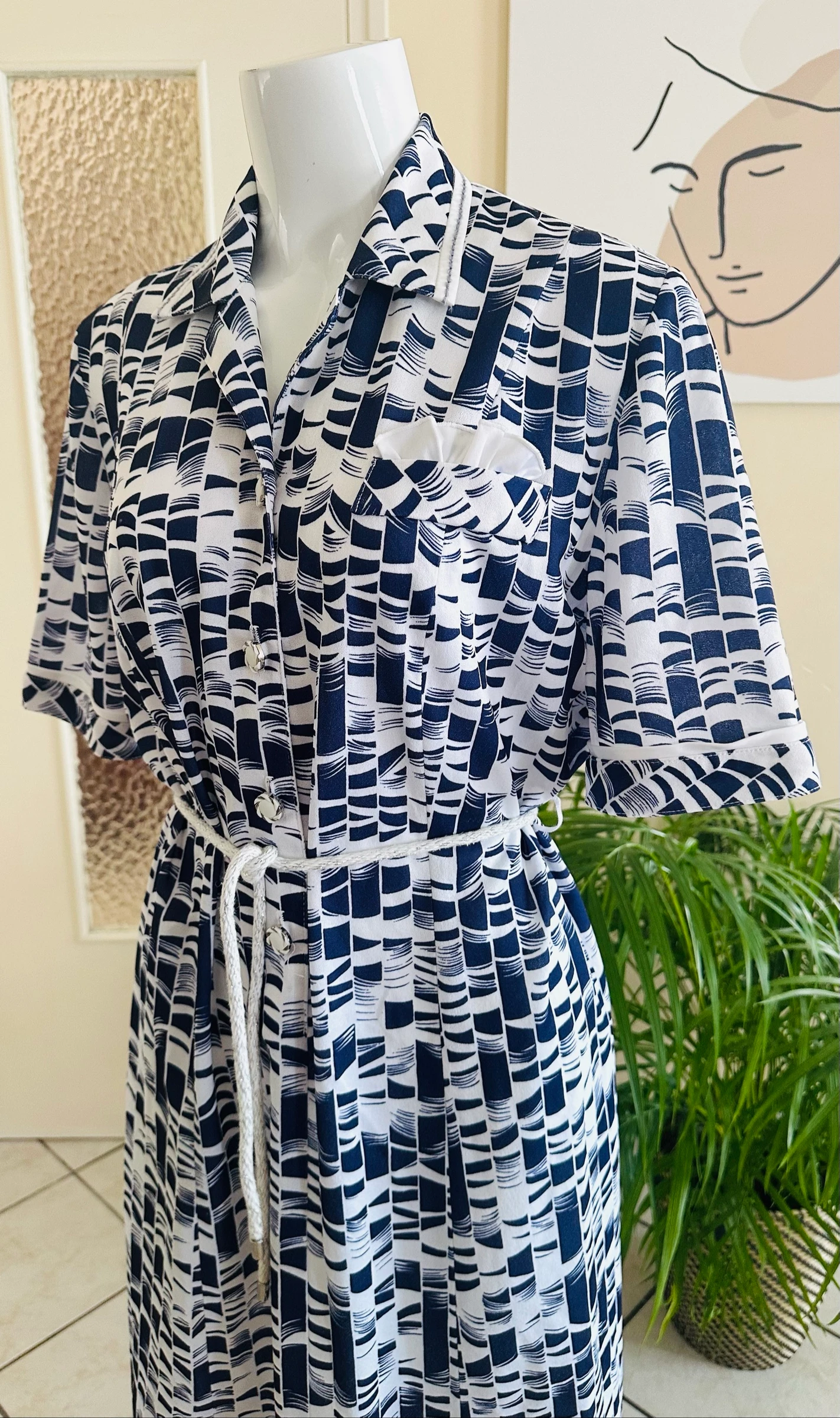 Vintage gebreide jurk marineblauw en wit maat 48/50 – Perfecte staat – photo 7